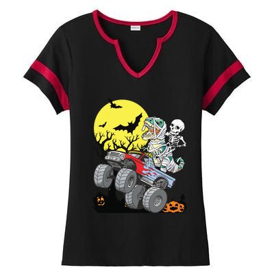 Boy Halloween Monster Truck Pumpkin Mummy Dinosaur T Rex Ladies Halftime Notch Neck Tee