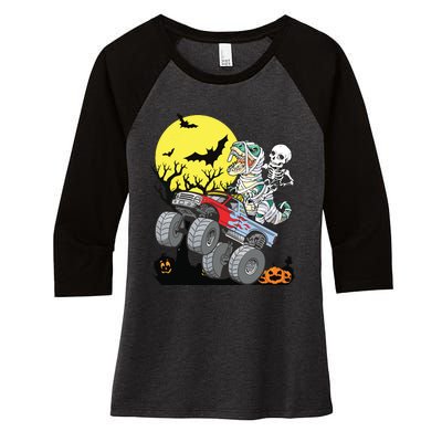 Boy Halloween Monster Truck Pumpkin Mummy Dinosaur T Rex Women's Tri-Blend 3/4-Sleeve Raglan Shirt