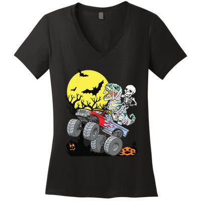 Boy Halloween Monster Truck Pumpkin Mummy Dinosaur T Rex Women's V-Neck T-Shirt