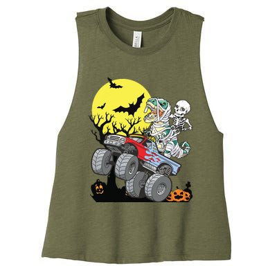 Boy Halloween Monster Truck Pumpkin Mummy Dinosaur T Rex Women's Racerback Cropped Tank