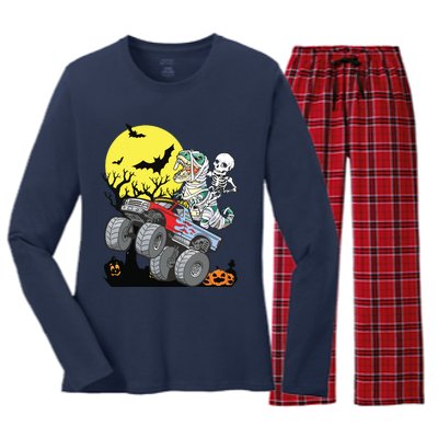 Boy Halloween Monster Truck Pumpkin Mummy Dinosaur T Rex Women's Long Sleeve Flannel Pajama Set 