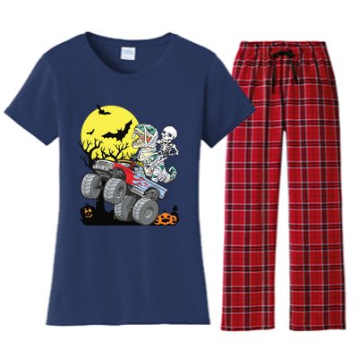 Boy Halloween Monster Truck Pumpkin Mummy Dinosaur T Rex Women's Flannel Pajama Set