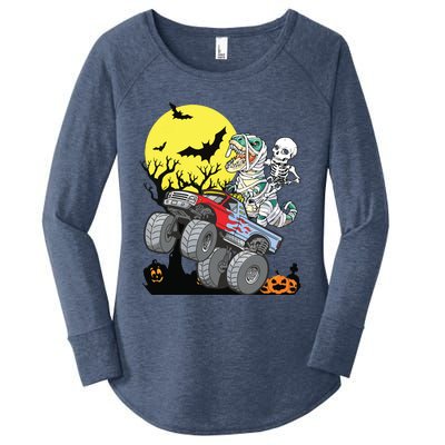 Boy Halloween Monster Truck Pumpkin Mummy Dinosaur T Rex Women's Perfect Tri Tunic Long Sleeve Shirt