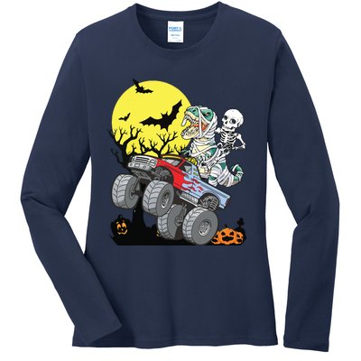 Boy Halloween Monster Truck Pumpkin Mummy Dinosaur T Rex Ladies Long Sleeve Shirt