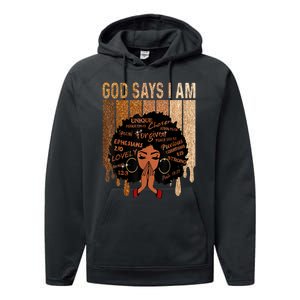 Black History Month Shirts Womens Black Girl Queen God Says I Am Melanin Performance Fleece Hoodie