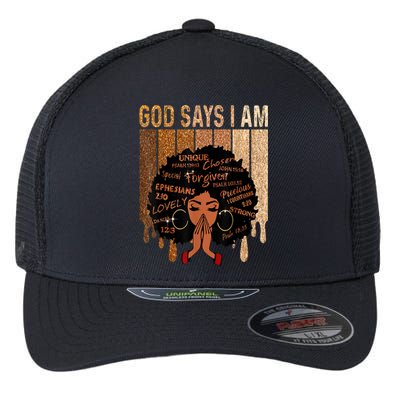 Black History Month Shirts Womens Black Girl Queen God Says I Am Melanin Flexfit Unipanel Trucker Cap