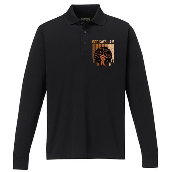 Black History Month Shirts Womens Black Girl Queen God Says I Am Melanin Performance Long Sleeve Polo