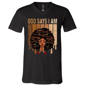 Black History Month Shirts Womens Black Girl Queen God Says I Am Melanin V-Neck T-Shirt