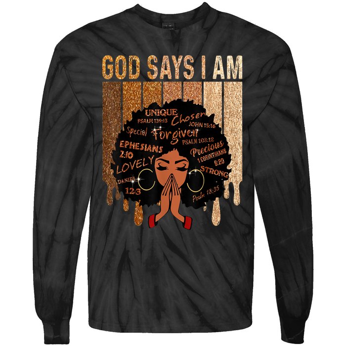 Black History Month Shirts Womens Black Girl Queen God Says I Am Melanin Tie-Dye Long Sleeve Shirt