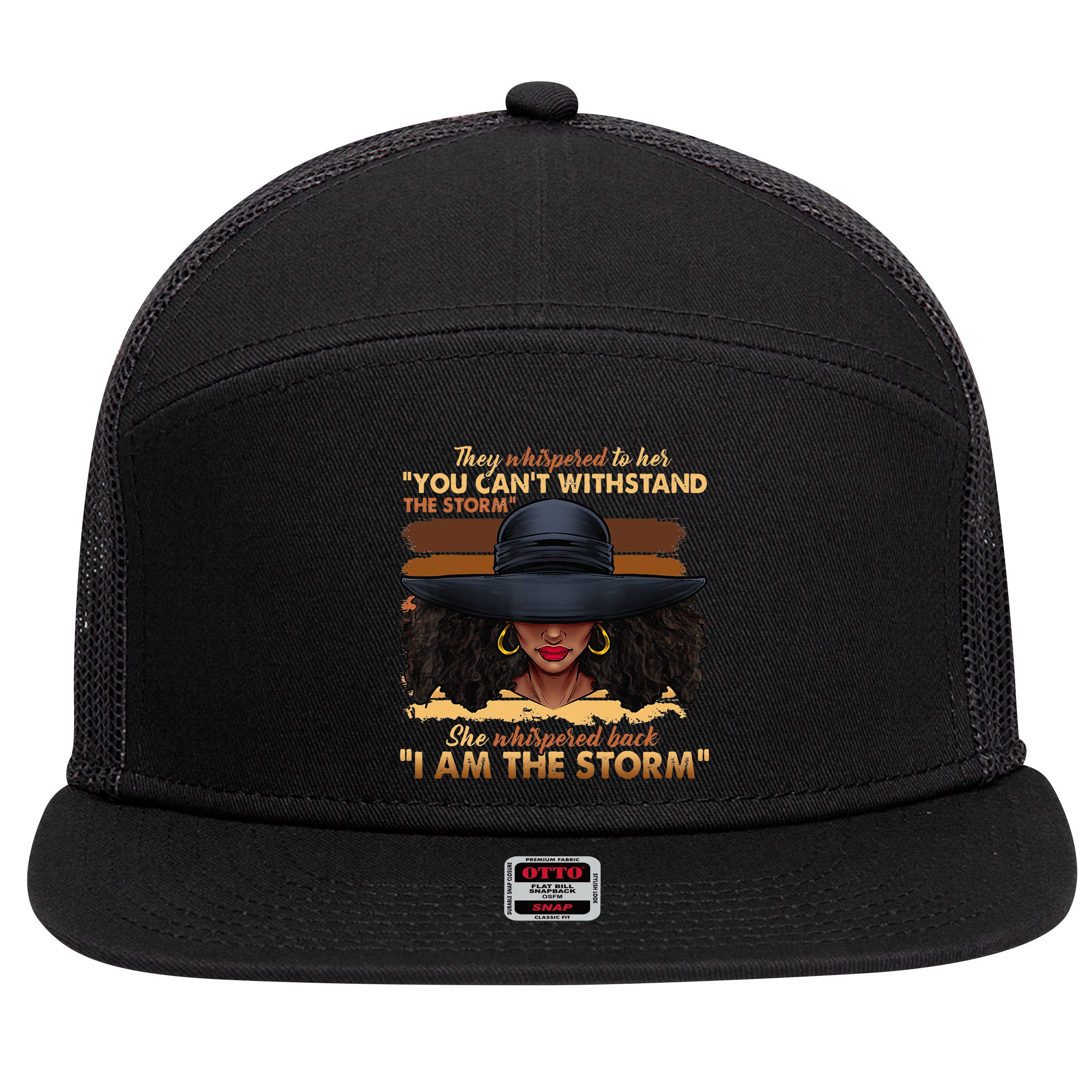 Black History Month African Woman Afro I Am The Storm 7 Panel Mesh Trucker Snapback Hat