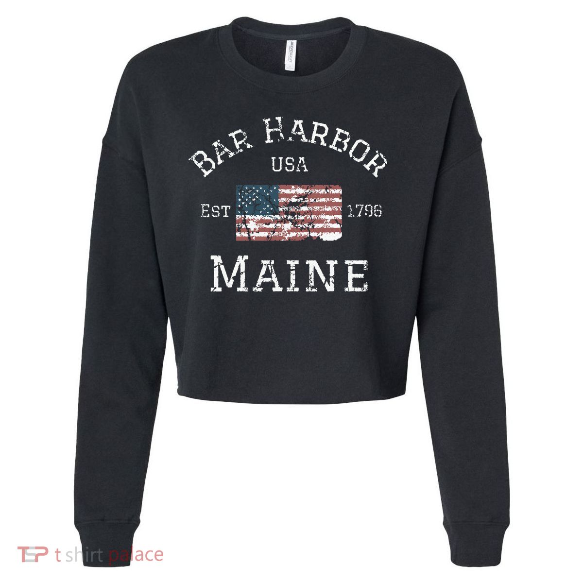 Bar Harbor Maine Usa American Flag Established Me Vintage Cropped Pullover Crew