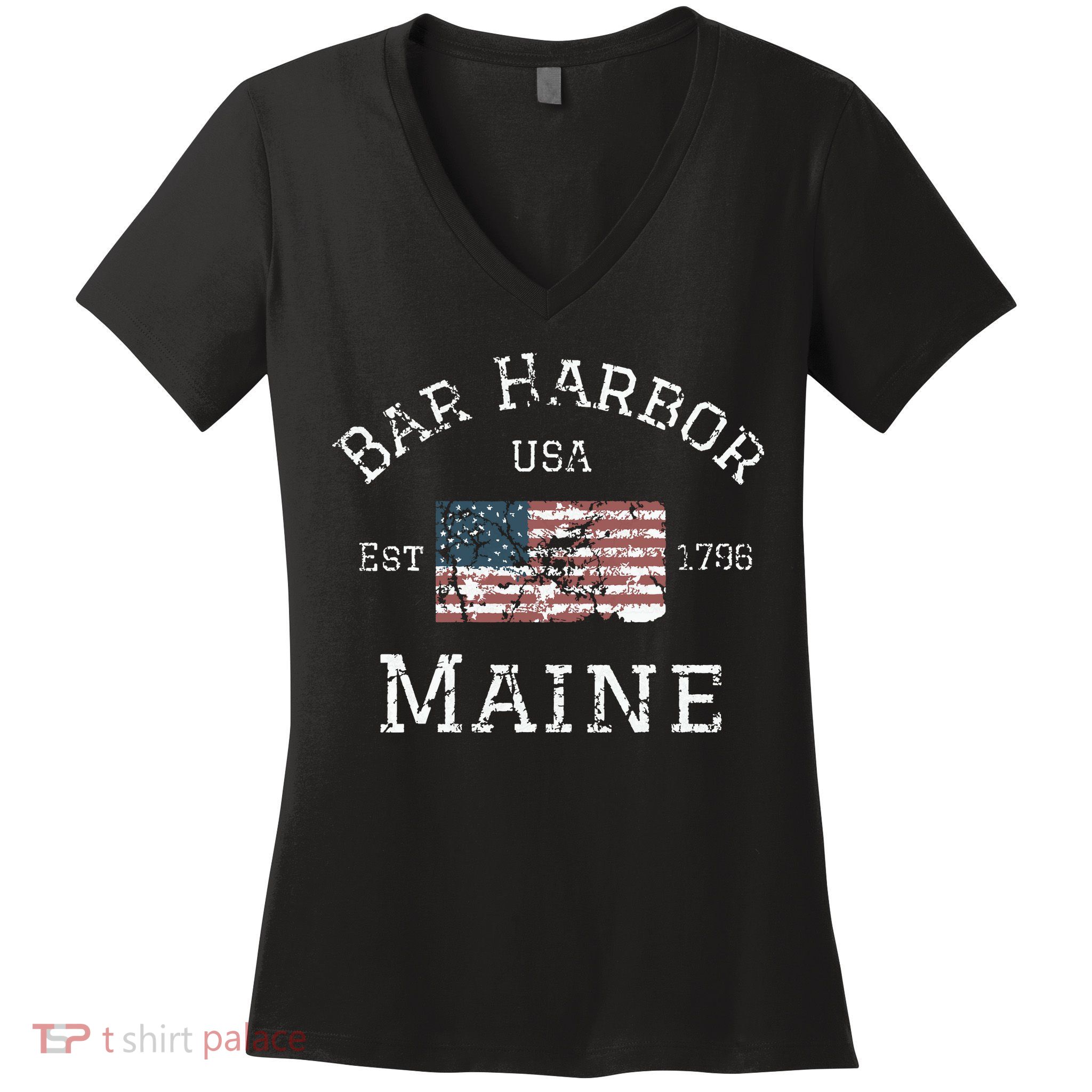 Bar Harbor Maine Usa American Flag Established Me Vintage Women's V-Neck T-Shirt
