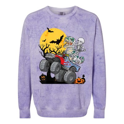 Boy Halloween Monster Truck Pumpkin Mummy Dinosaur T Rex Colorblast Crewneck Sweatshirt