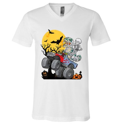 Boy Halloween Monster Truck Pumpkin Mummy Dinosaur T Rex V-Neck T-Shirt