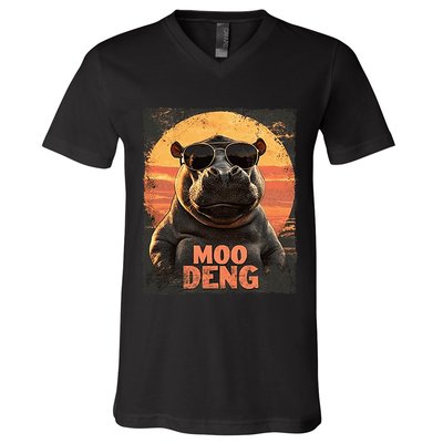 Baby Hippo Moo Deng Sunglasess Vintage Retro V-Neck T-Shirt