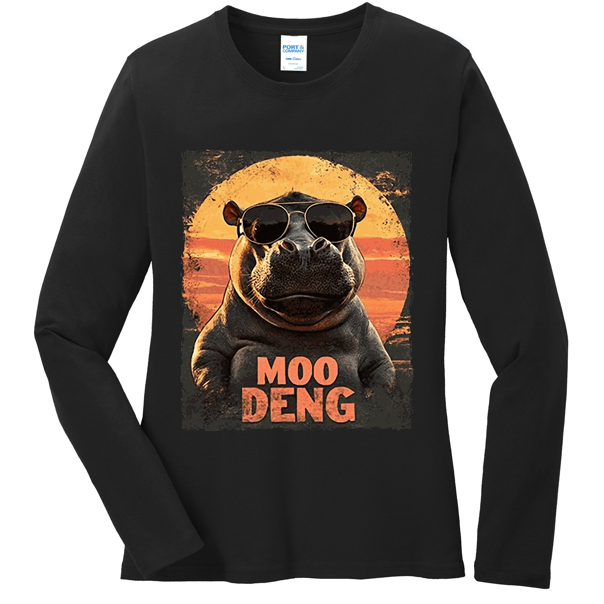 Baby Hippo Moo Deng Sunglasess Vintage Retro Ladies Long Sleeve Shirt