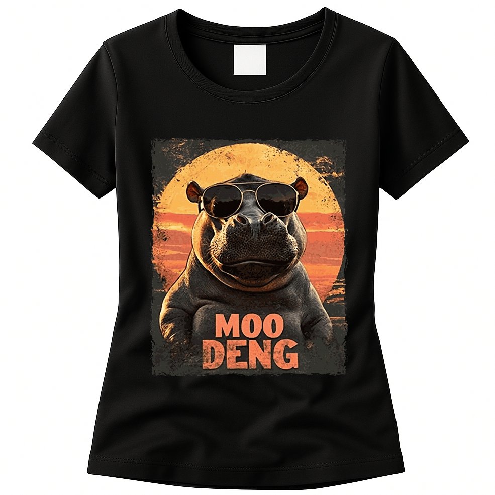 Baby Hippo Moo Deng Sunglasess Vintage Retro Womens T-Shirt
