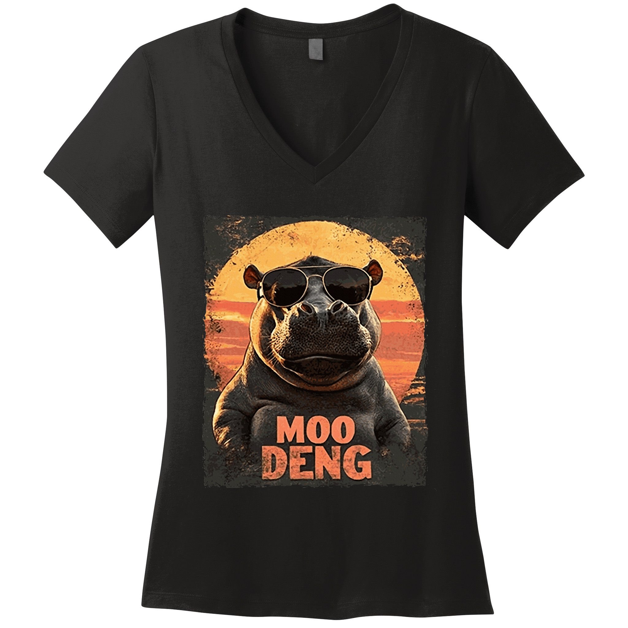 Baby Hippo Moo Deng Sunglasess Vintage Retro Women's V-Neck T-Shirt