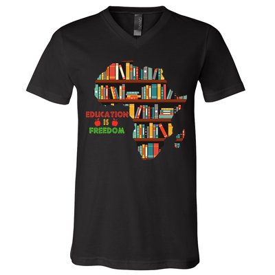 Black History Month Education Is Freedom Book Reader V-Neck T-Shirt