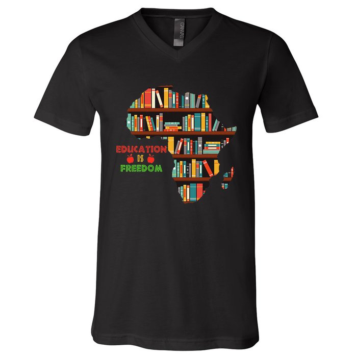 Black History Month Education Is Freedom Book Reader V-Neck T-Shirt