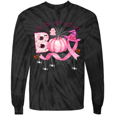 Boo Halloween October Breast Cancer Awareness Tie-Dye Long Sleeve Shirt