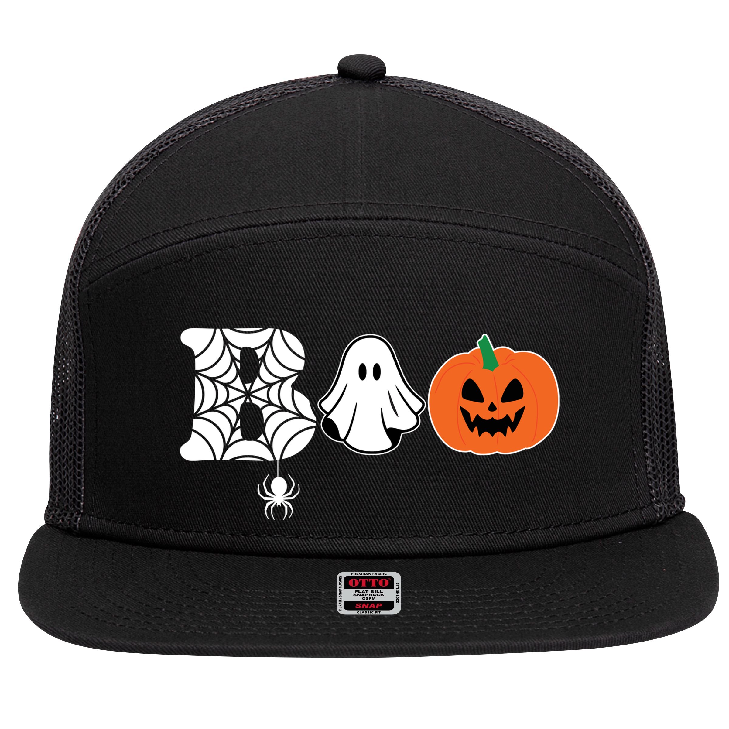Boo Halloween Pumpkin Festive 7 Panel Mesh Trucker Snapback Hat