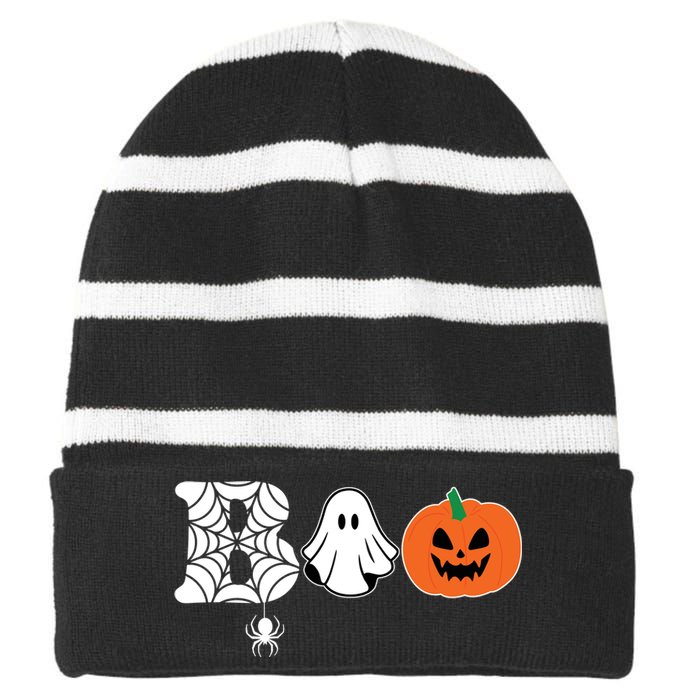 Boo Halloween Pumpkin Festive Striped Beanie with Solid Band