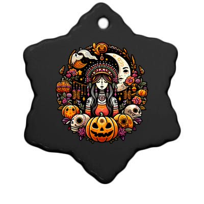 Boho Halloween Pumpkin Skulls Moon Stylish Spooky Casual Fun Ceramic Star Ornament