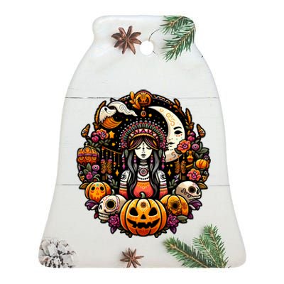 Boho Halloween Pumpkin Skulls Moon Stylish Spooky Casual Fun Ceramic Bell Ornament