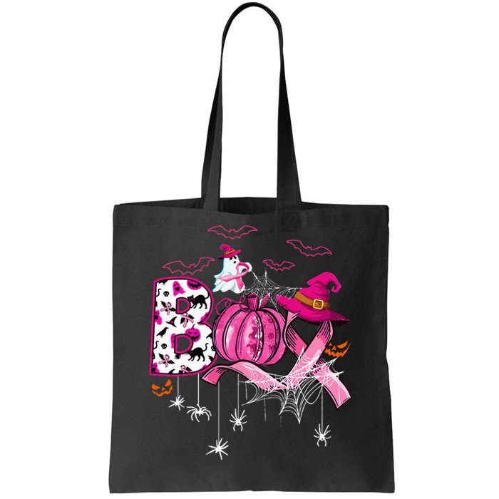 Boo Halloween Pumpkin Pink Ribbon Witch Breast Cancer Tote Bag