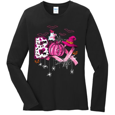 Boo Halloween Pumpkin Pink Ribbon Witch Breast Cancer Ladies Long Sleeve Shirt