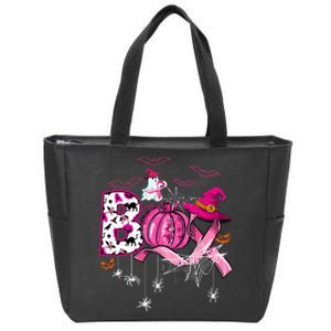 Boo Halloween Pumpkin Pink Ribbon Witch Breast Cancer Zip Tote Bag