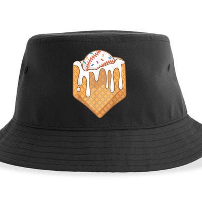 Baseball Home Plate Drip Ice Cream Spinkle Baseball Home Plate Ice Cream Drip Fun Sports Lover Sustainable Bucket Hat