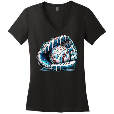 Baseball Home Plate Drip Baseball Bat Baseball Drip Women's V-Neck T-Shirt