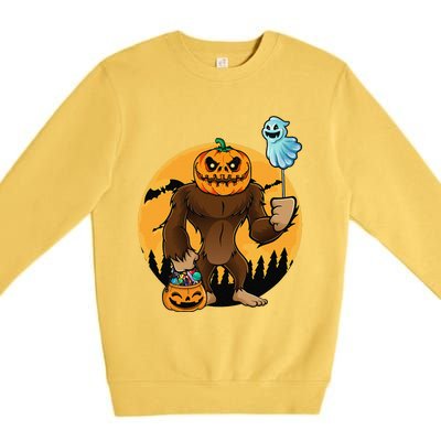 Bigfoot Halloween Pumpkin Head Sasquatch Candy Bucket Premium Crewneck Sweatshirt