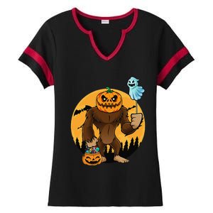 Bigfoot Halloween Pumpkin Head Sasquatch Candy Bucket Ladies Halftime Notch Neck Tee