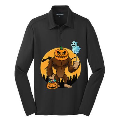 Bigfoot Halloween Pumpkin Head Sasquatch Candy Bucket Silk Touch Performance Long Sleeve Polo