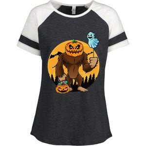 Bigfoot Halloween Pumpkin Head Sasquatch Candy Bucket Enza Ladies Jersey Colorblock Tee