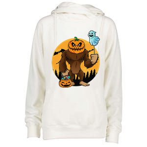 Bigfoot Halloween Pumpkin Head Sasquatch Candy Bucket Womens Funnel Neck Pullover Hood