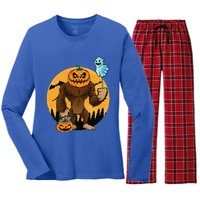 Bigfoot Halloween Pumpkin Head Sasquatch Candy Bucket Women's Long Sleeve Flannel Pajama Set 