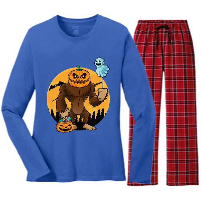 Bigfoot Halloween Pumpkin Head Sasquatch Candy Bucket Women's Long Sleeve Flannel Pajama Set 