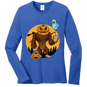 Bigfoot Halloween Pumpkin Head Sasquatch Candy Bucket Ladies Long Sleeve Shirt