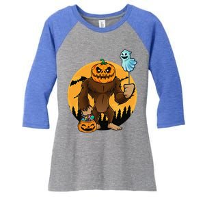 Bigfoot Halloween Pumpkin Head Sasquatch Candy Bucket Women's Tri-Blend 3/4-Sleeve Raglan Shirt