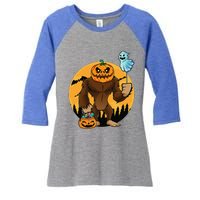 Bigfoot Halloween Pumpkin Head Sasquatch Candy Bucket Women's Tri-Blend 3/4-Sleeve Raglan Shirt