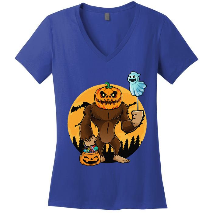 Bigfoot Halloween Pumpkin Head Sasquatch Candy Bucket Women's V-Neck T-Shirt