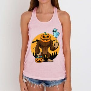 Bigfoot Halloween Pumpkin Head Sasquatch Candy Bucket Women's Knotted Racerback Tank