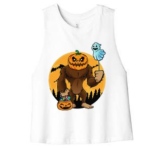 Bigfoot Halloween Pumpkin Head Sasquatch Candy Bucket Women's Racerback Cropped Tank