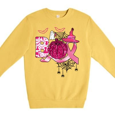 Boo Halloween Pumpkin Pink Ribbon Witch Ghost Breast Cancer Premium Crewneck Sweatshirt