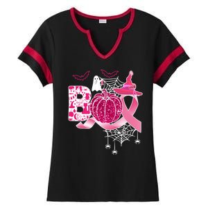 Boo Halloween Pumpkin Pink Ribbon Witch Ghost Breast Cancer Ladies Halftime Notch Neck Tee