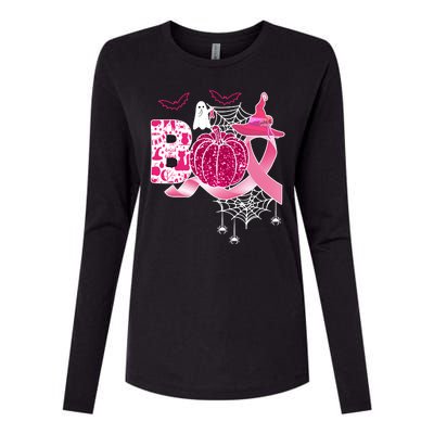 Boo Halloween Pumpkin Pink Ribbon Witch Ghost Breast Cancer Womens Cotton Relaxed Long Sleeve T-Shirt